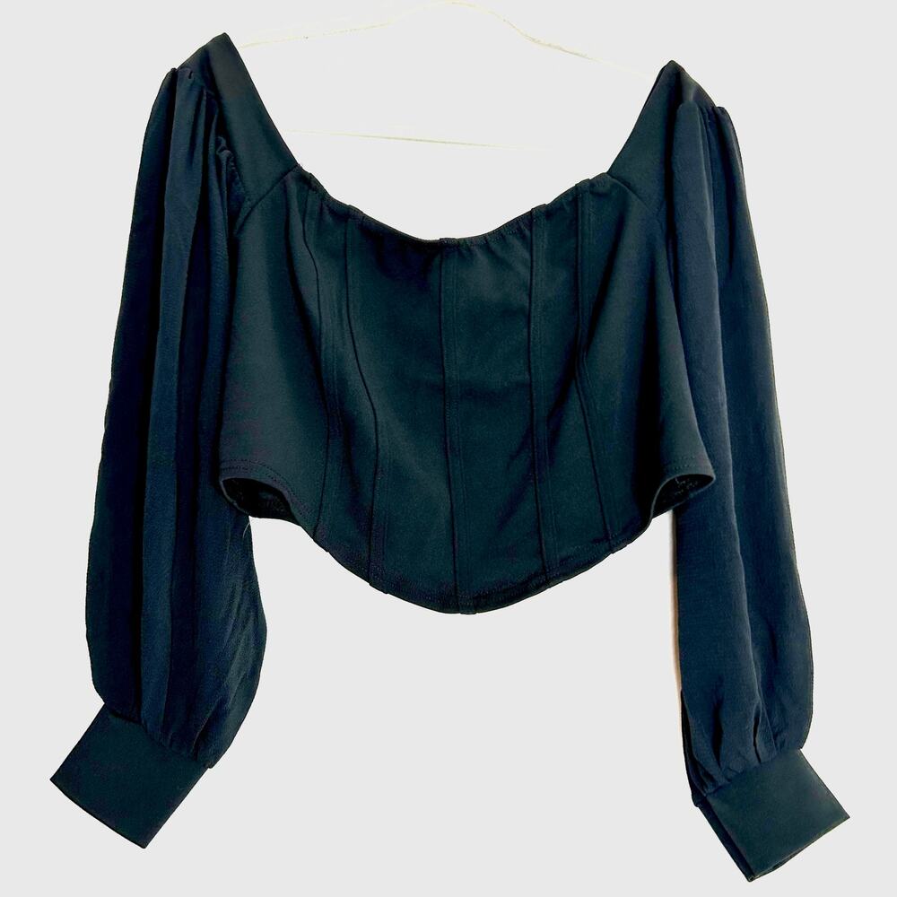 Boohoo black crop top renfair gothic boho long sleeves size 18